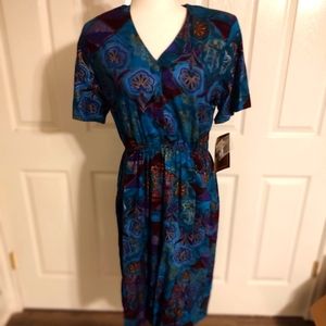 Gorgeous Tea length Blue Imari print v neck dress